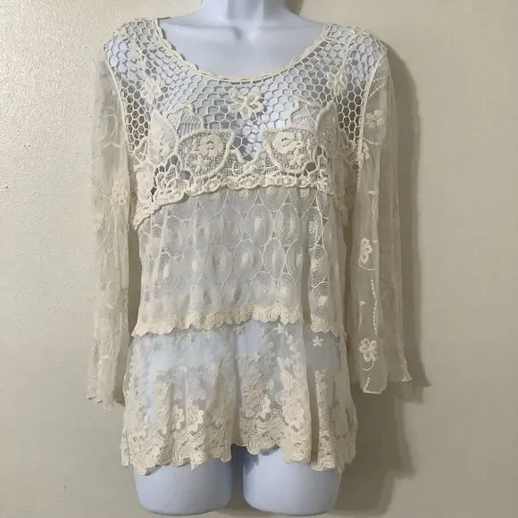 Cream Sheer Lace Crochet Fairycore Fairy Bohemian Hippie Boho Lagenlook Top M - Picture 1 of 7